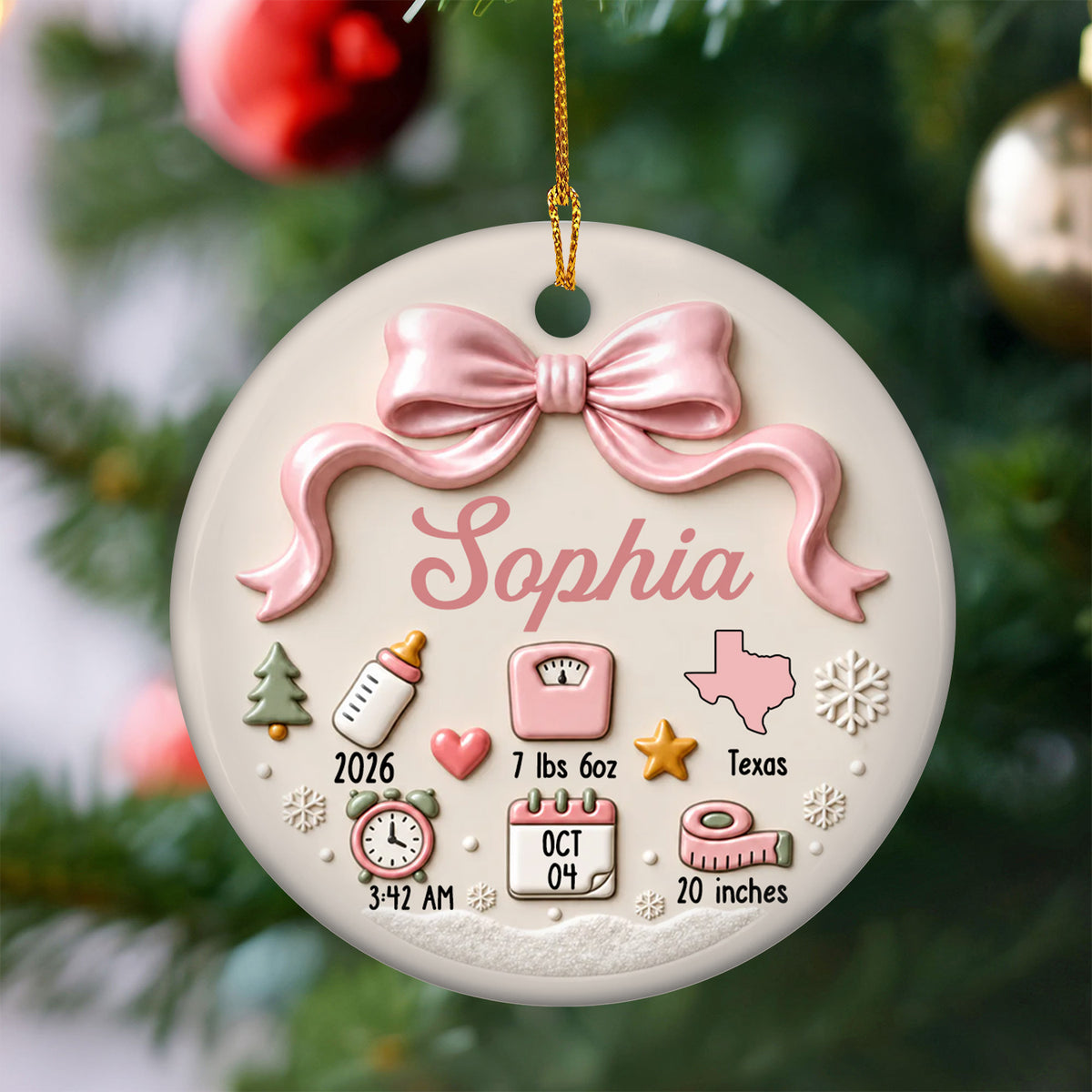 Personalized Baby Birth Details Christmas Ornament in pink with bow, hanging on a green tree branch