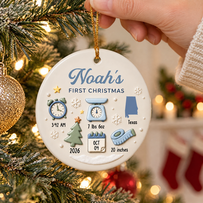 Personalized Baby Birth Details Christmas Ornament in blue held by a hand beside a tree with lights and stockings