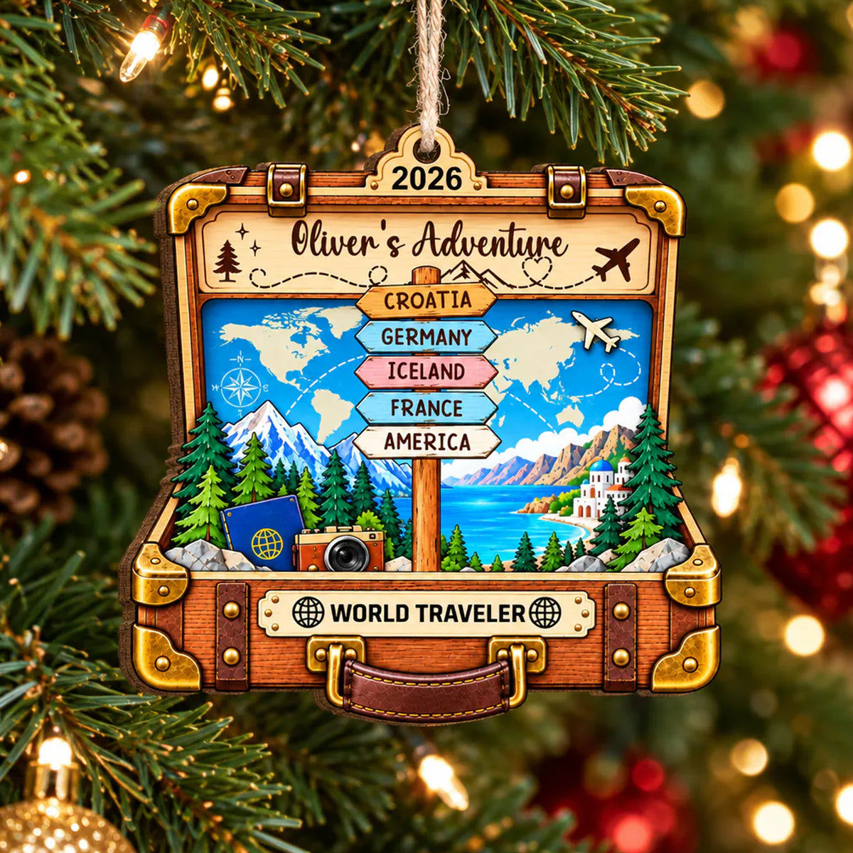 Personalized suitcase wooden ornament hanging on a green tree branch with warm string lights behind