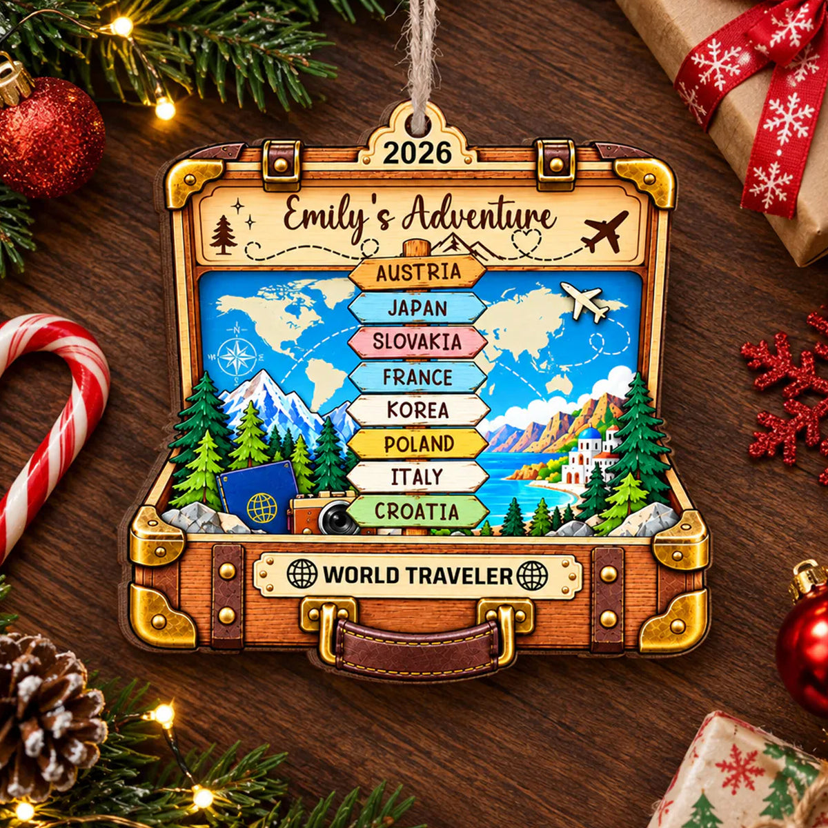 Personalized suitcase wooden ornament lying flat on a wood table with candy cane, pinecone and gift