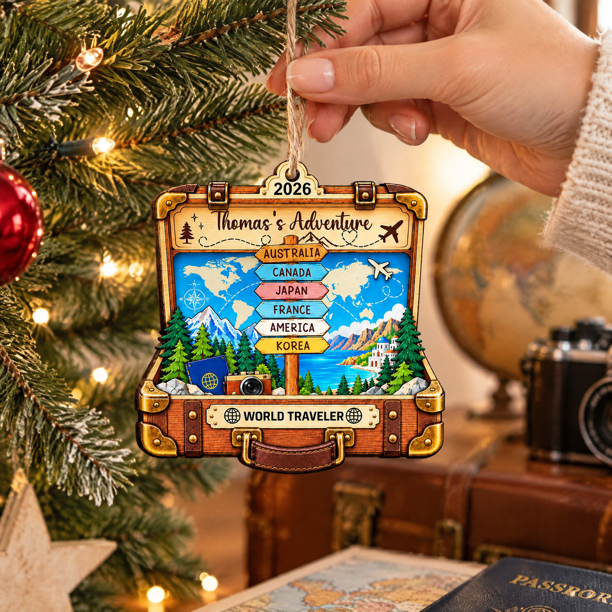 Personalized suitcase wooden ornament held by hand near a tree, globe, vintage camera and passport