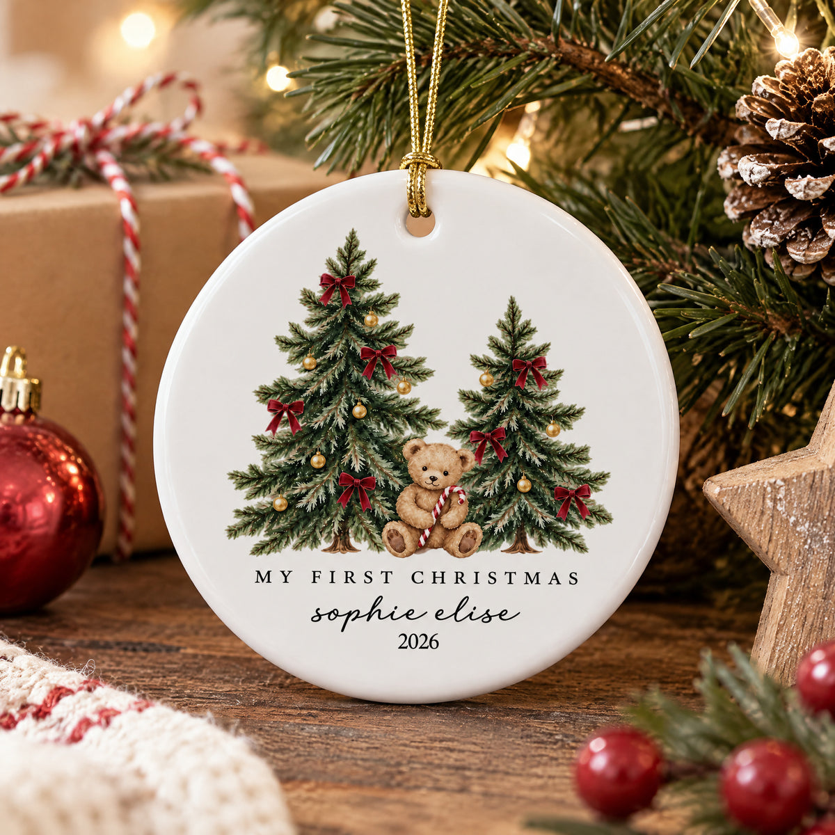 Personalized ceramic Christmas ornament teddy bear on a wooden table with a wrapped gift, pinecone and wooden star