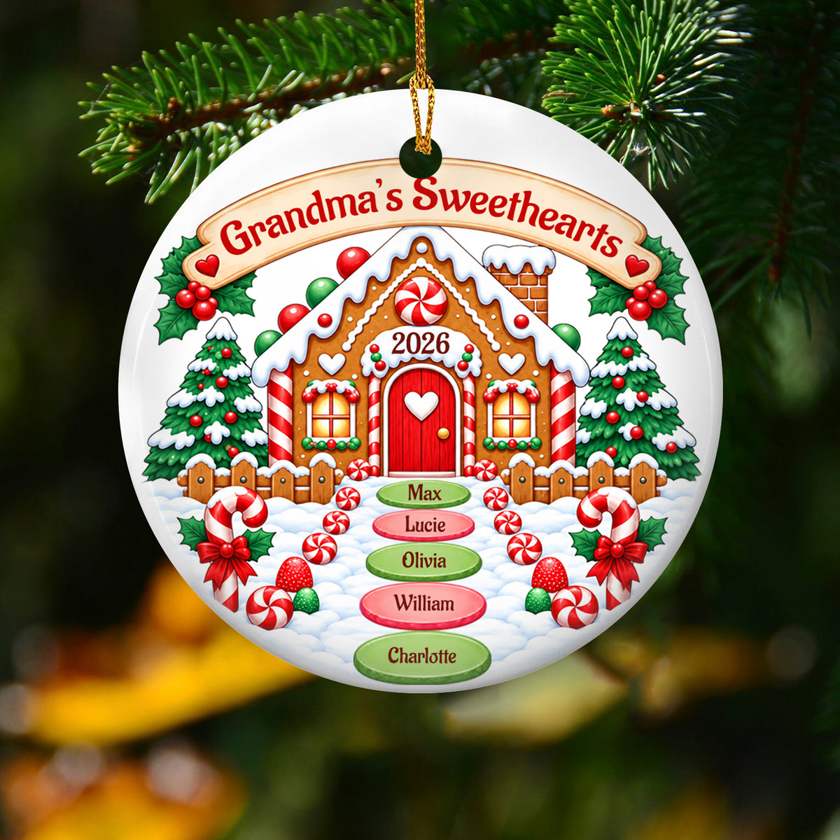 Grandma's Sweethearts- Personalized Ceramic Ornament,  Winter Gingerbread Grandma's House Ornament, Gift For Grandma