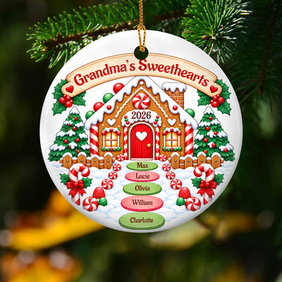Grandma's Sweethearts- Personalized Ceramic Ornament,  Winter Gingerbread Grandma's House Ornament, Gift For Grandma