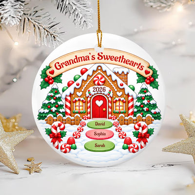 Grandma's Sweethearts- Personalized Ceramic Ornament,  Winter Gingerbread Grandma's House Ornament, Gift For Grandma