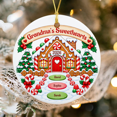 Grandma's Sweethearts- Personalized Ceramic Ornament,  Winter Gingerbread Grandma's House Ornament, Gift For Grandma