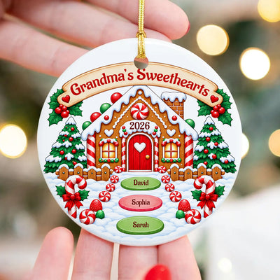 Grandma's Sweethearts- Personalized Ceramic Ornament,  Winter Gingerbread Grandma's House Ornament, Gift For Grandma