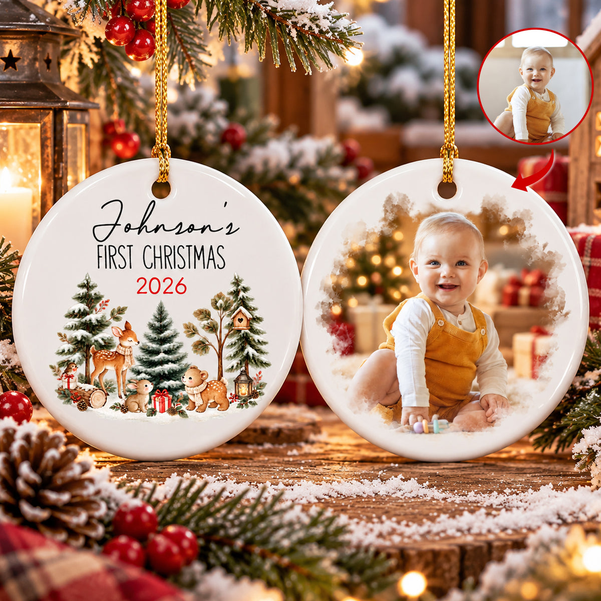 Baby’s First Christmas - Personalized Ceramic Ornament, Baby’s 1st Christmas With Custom Photo, Baby Shower Photo Keepsake