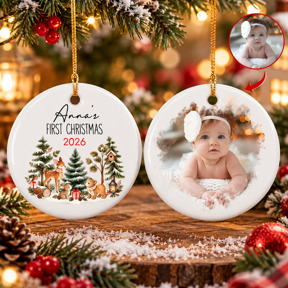 Baby’s First Christmas - Personalized Ceramic Ornament, Baby’s 1st Christmas With Custom Photo, Baby Shower Photo Keepsake