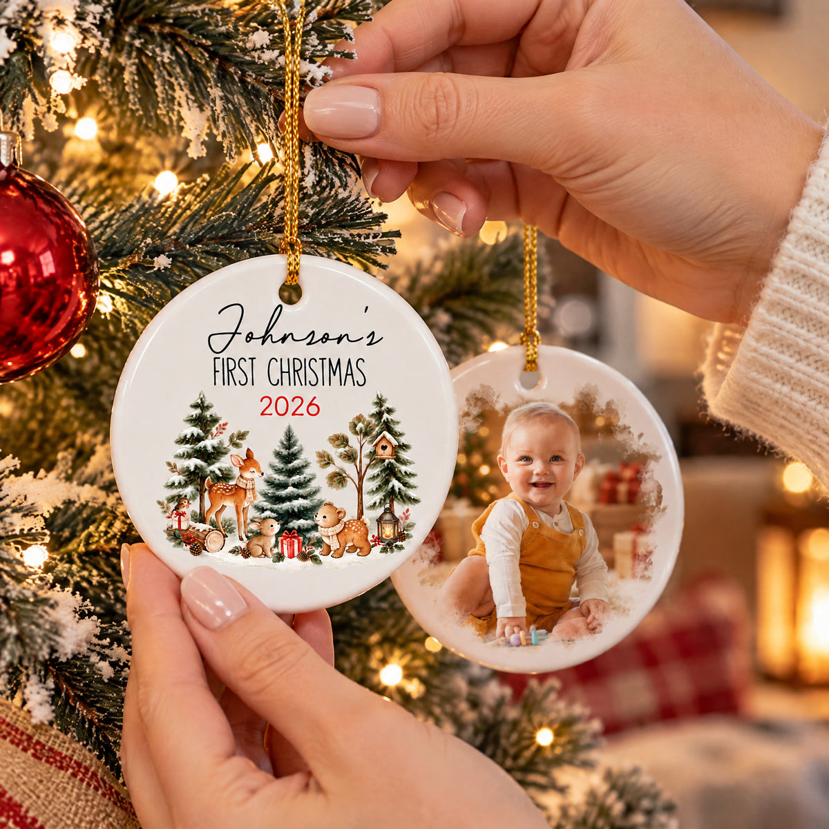 Baby’s First Christmas - Personalized Ceramic Ornament, Baby’s 1st Christmas With Custom Photo, Baby Shower Photo Keepsake