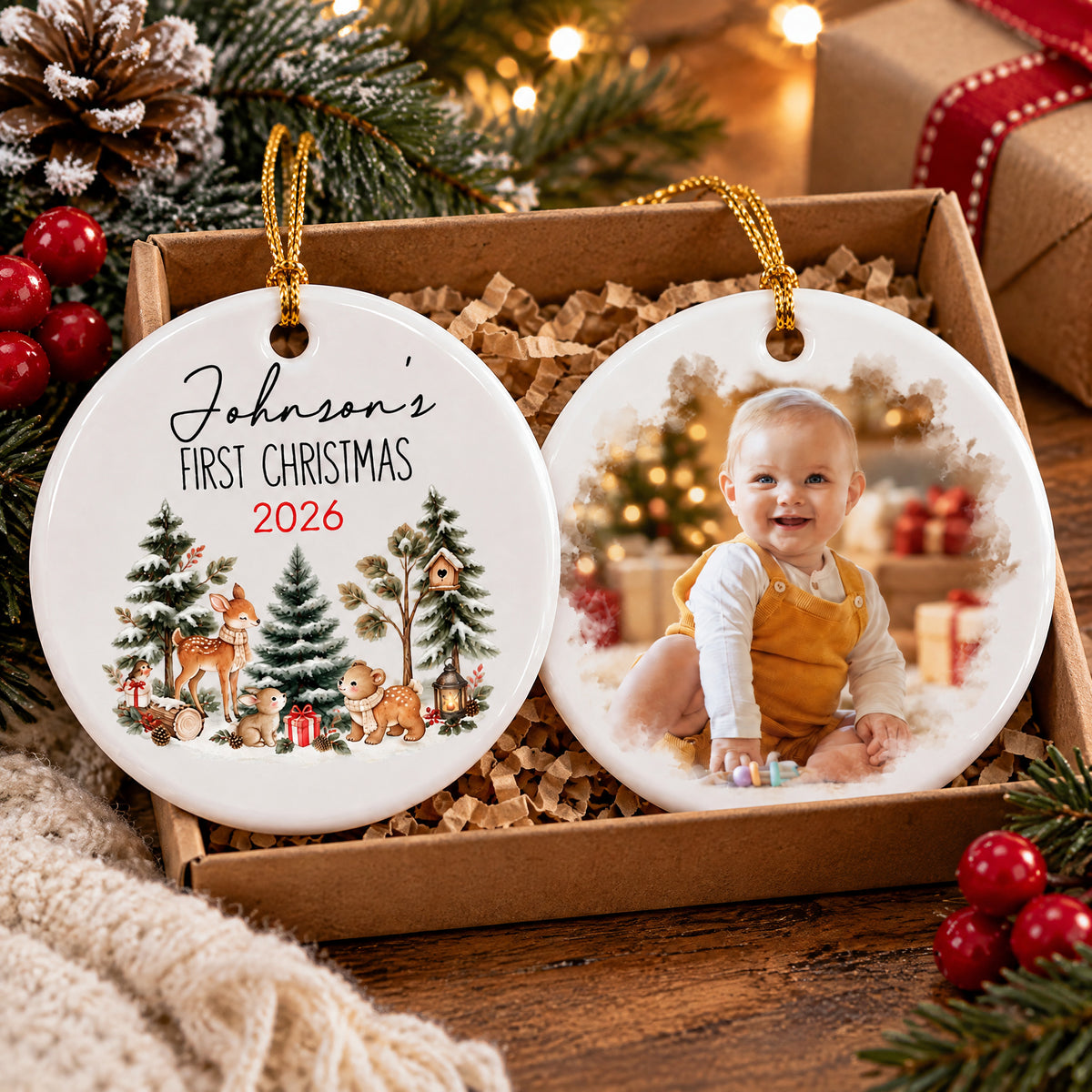 Baby’s First Christmas - Personalized Ceramic Ornament, Baby’s 1st Christmas With Custom Photo, Baby Shower Photo Keepsake