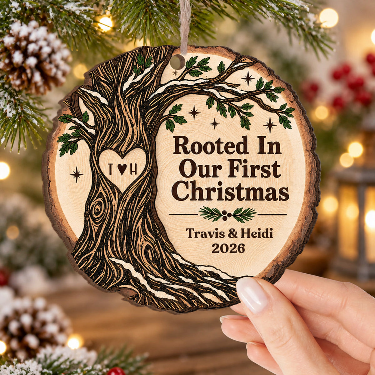 Personalized Wooden Ornament Rooted In Our First Christmas held by hand near snowy pinecones and red berries