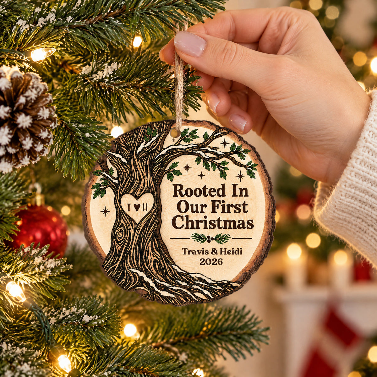 Personalized Wooden Ornament Rooted In Our First Christmas hanging by twine from a tree beside a red bauble