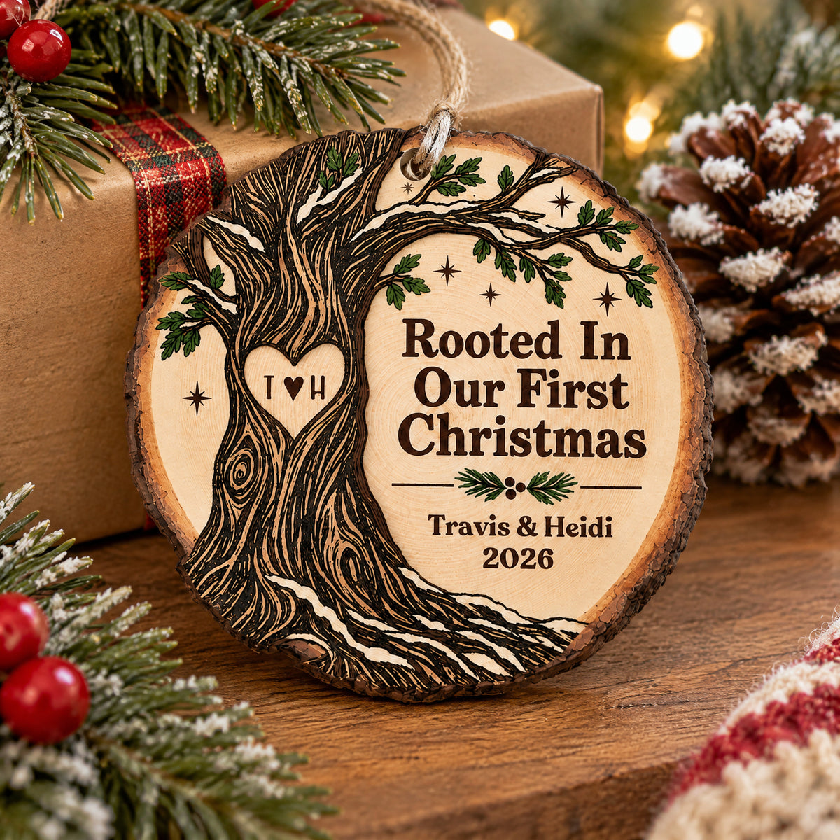 Personalized Wooden Ornament Rooted In Our First Christmas resting on a wood table by a wrapped gift and pinecone