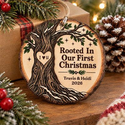 Personalized Wooden Ornament Rooted In Our First Christmas resting on a wood table by a wrapped gift and pinecone