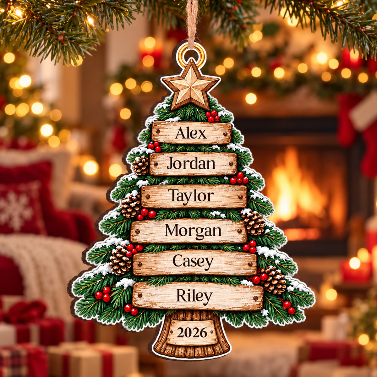 Personalized Family Names Rustic Wooden Christmas Tree Ornament
