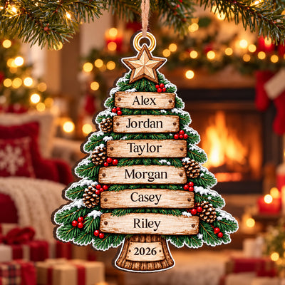 Personalized Family Names Rustic Wooden Christmas Tree Ornament