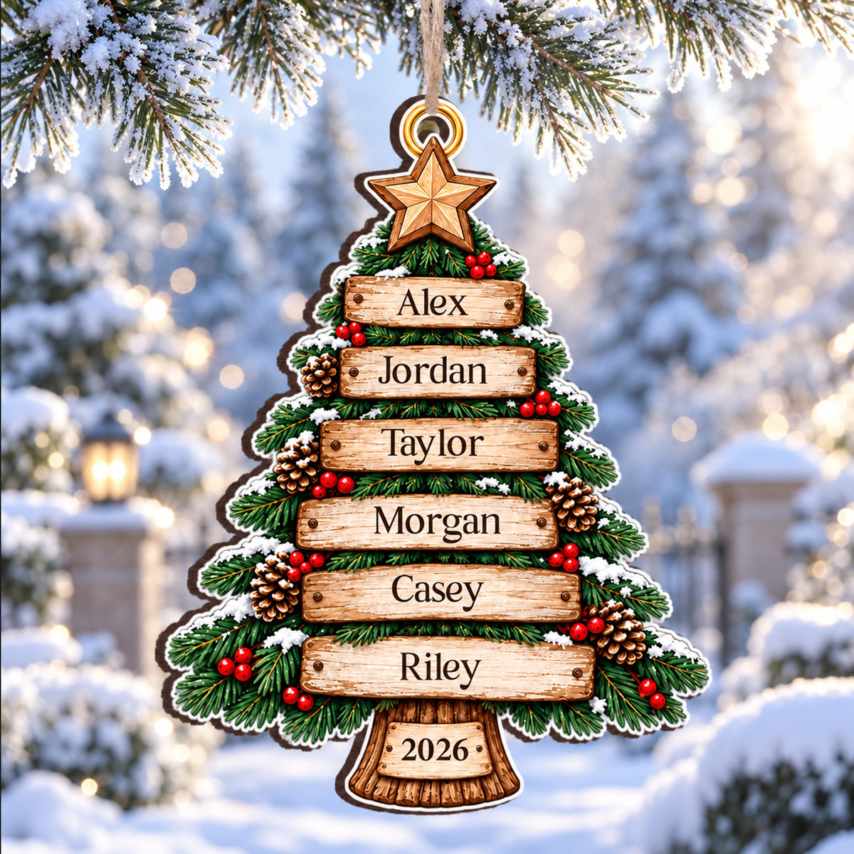 Personalized Family Names Rustic Wooden Christmas Tree Ornament