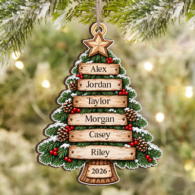 Personalized Family Names Rustic Wooden Christmas Tree Ornament