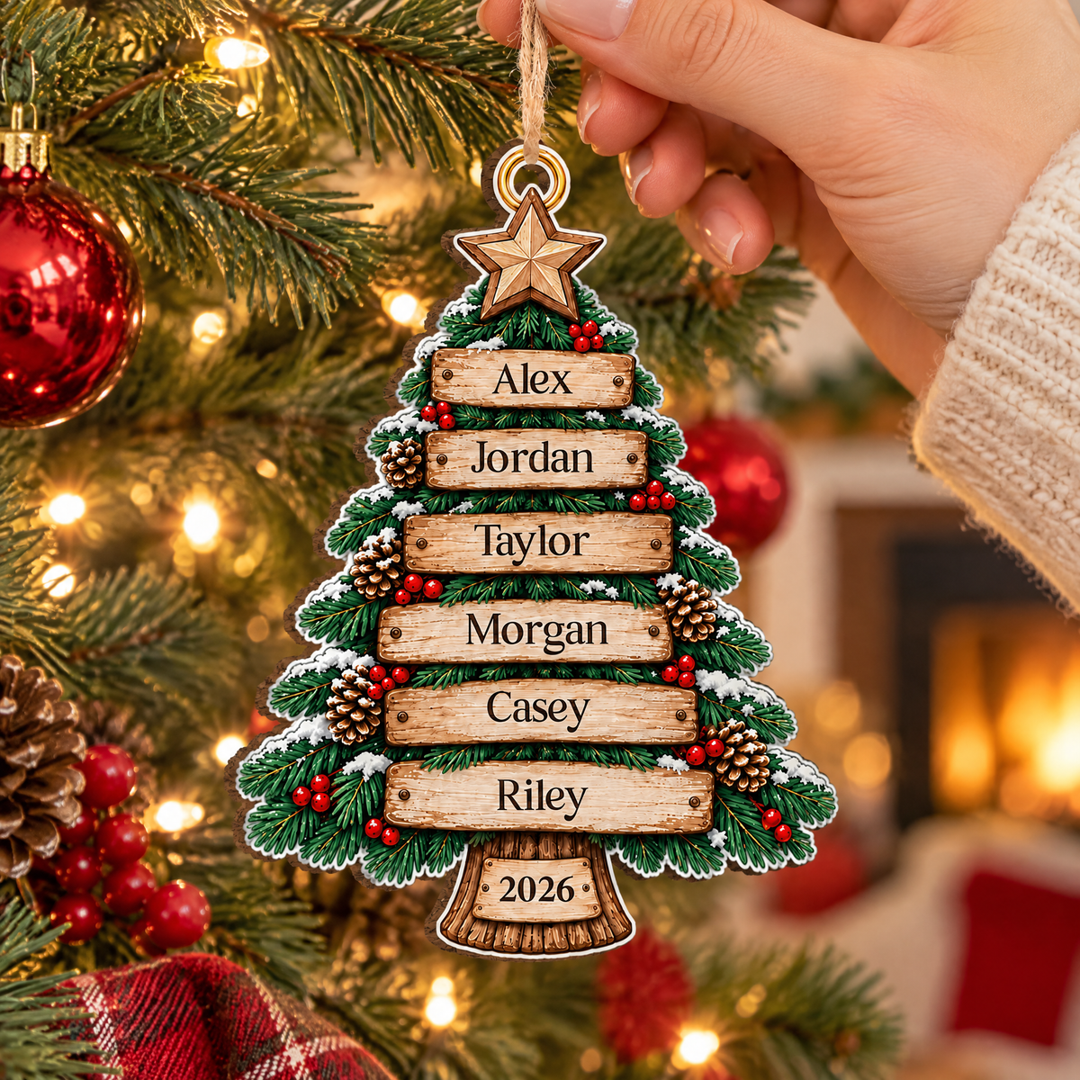 Personalized Family Names Rustic Wooden Christmas Tree Ornament