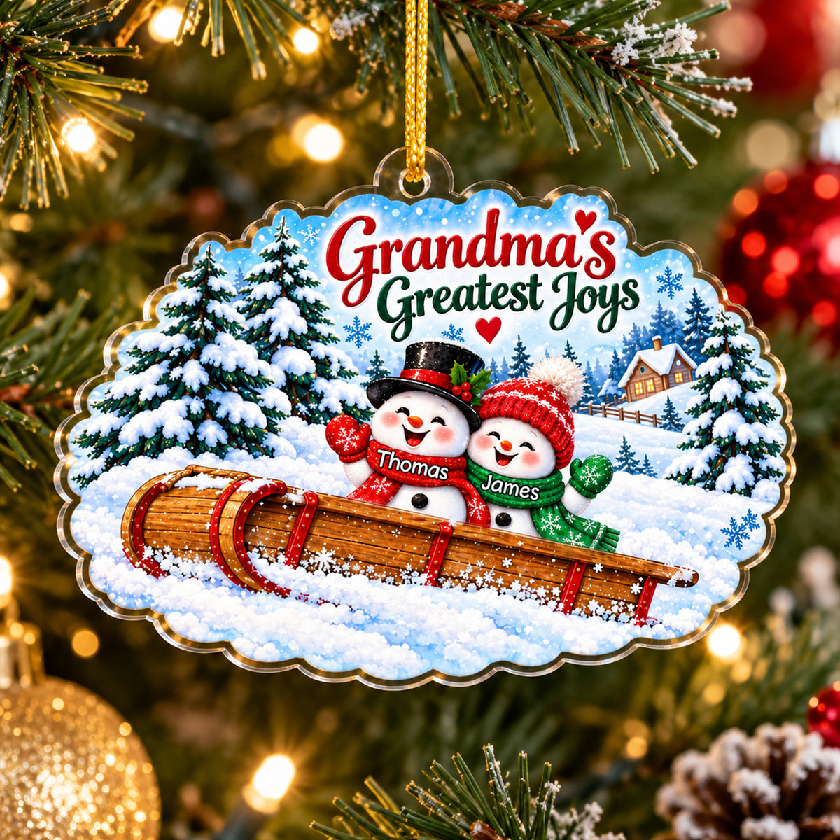 Grandkids Sledding Winter Scene Ornament