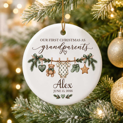 First Christmas Grandparents - Personalized Ceramic Ornament, Custom Baby Name Clothesline Keepsake, Christmas Ornament