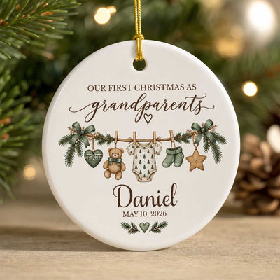 First Christmas Grandparents - Personalized Ceramic Ornament, Custom Baby Name Clothesline Keepsake, Christmas Ornament