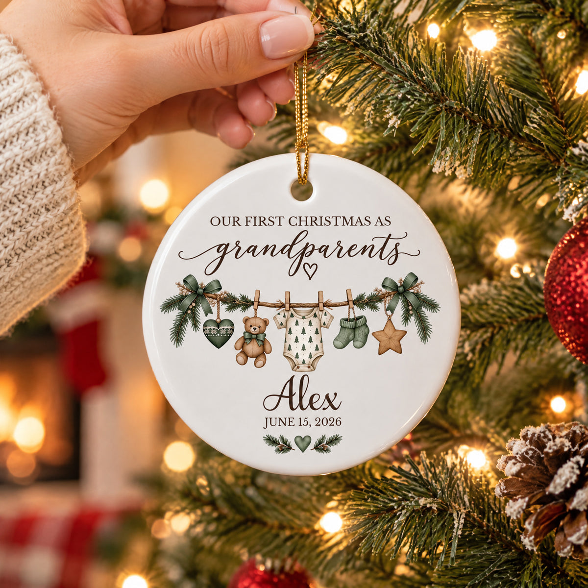 First Christmas Grandparents - Personalized Ceramic Ornament, Custom Baby Name Clothesline Keepsake, Christmas Ornament
