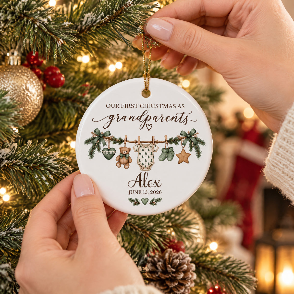 First Christmas Grandparents - Personalized Ceramic Ornament, Custom Baby Name Clothesline Keepsake, Christmas Ornament