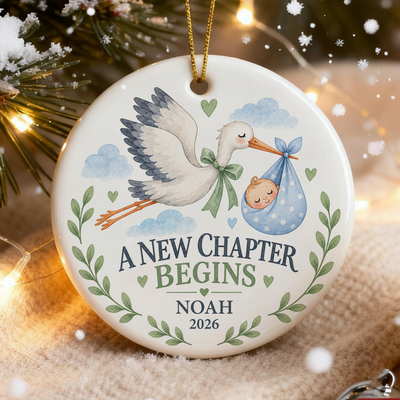 Personalized Baby's First Christmas Ceramic Ornament, Custom Baby Name and Year Stork Ornament, A New Chapter Begins, Newborn Keepsake, New Baby Gift