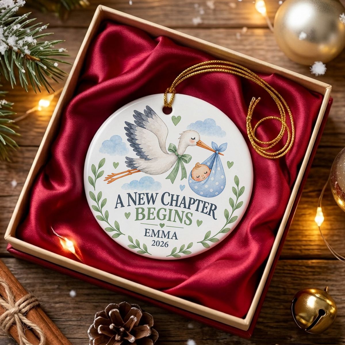 Personalized Baby's First Christmas Ceramic Ornament, Custom Baby Name and Year Stork Ornament, A New Chapter Begins, Newborn Keepsake, New Baby Gift