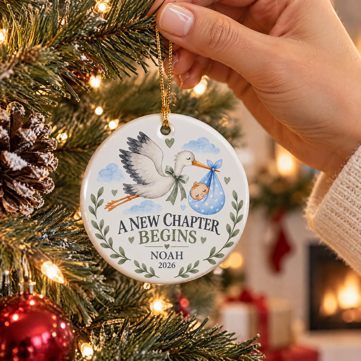 Personalized Baby's First Christmas Ceramic Ornament, Custom Baby Name and Year Stork Ornament, A New Chapter Begins, Newborn Keepsake, New Baby Gift