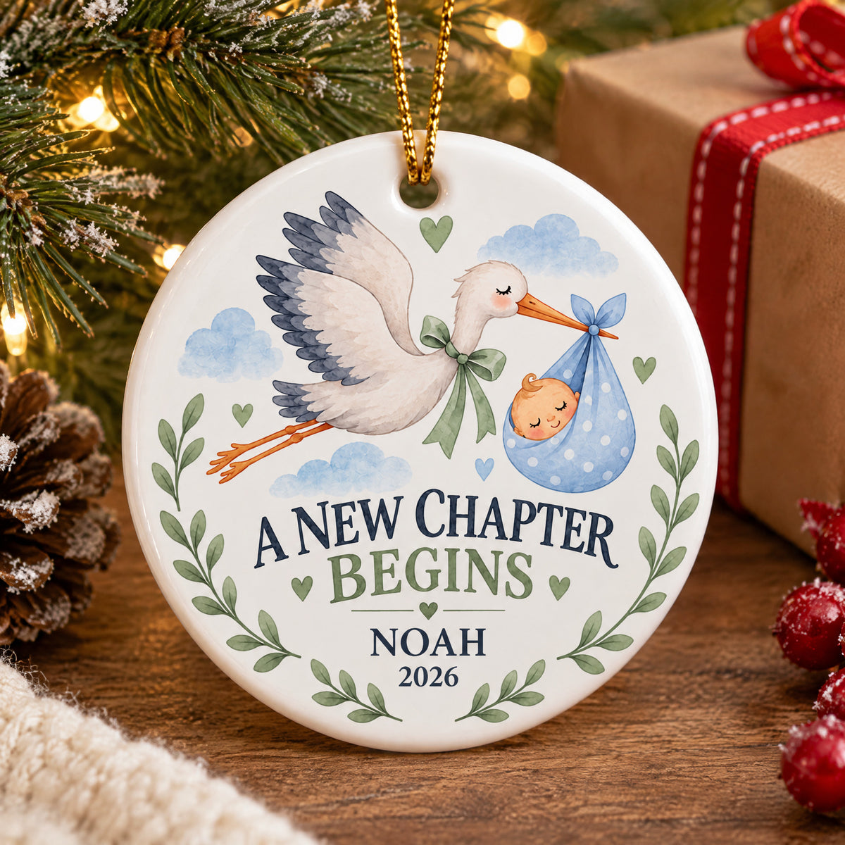 Personalized Baby's First Christmas Ceramic Ornament, Custom Baby Name and Year Stork Ornament, A New Chapter Begins, Newborn Keepsake, New Baby Gift