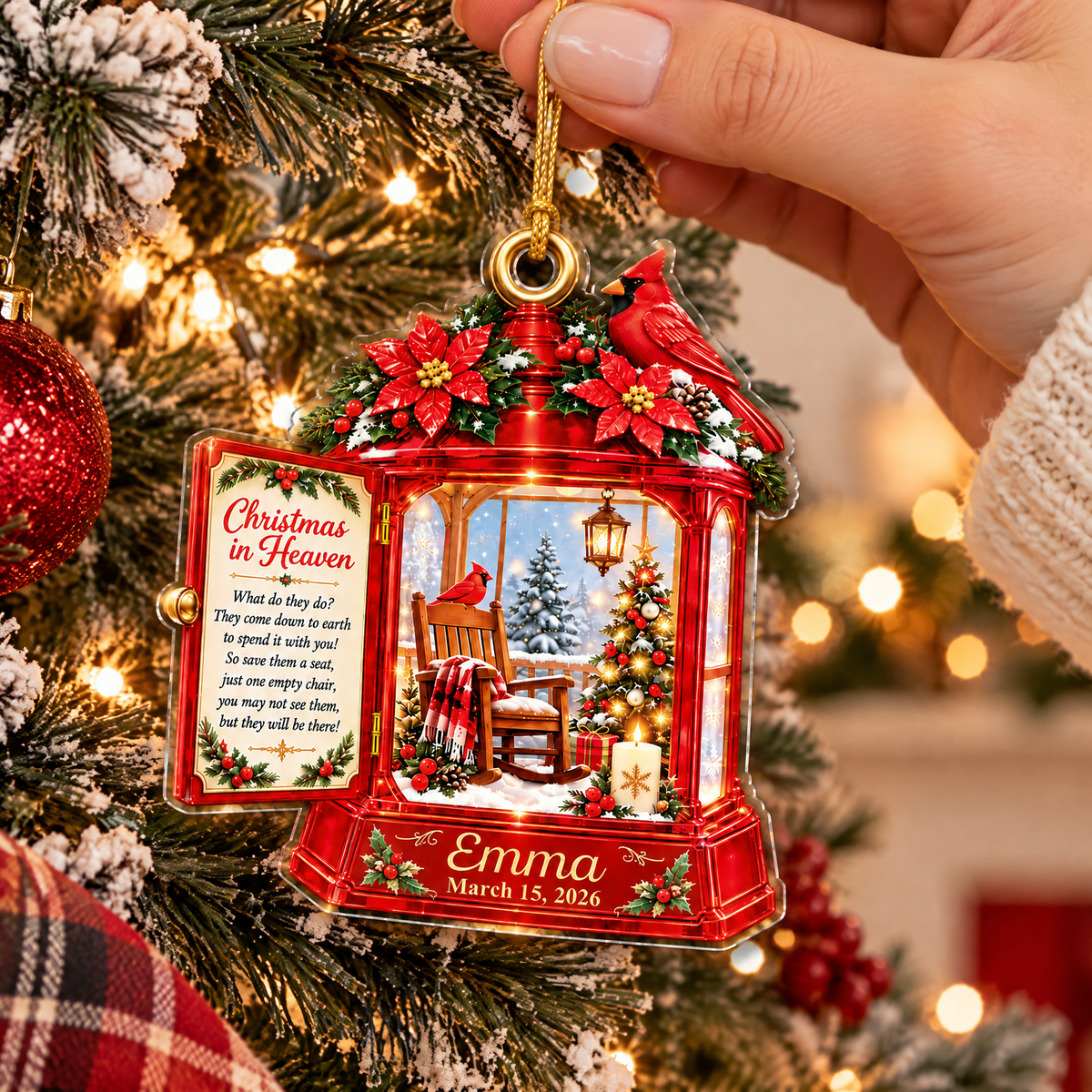 Red Cardinal Rocking Chair, Custom Name &amp; Date, Sympathy Gift, Personalized Christmas in Heaven Memorial Acrylic Ornament