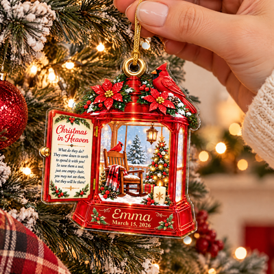Red Cardinal Rocking Chair, Custom Name & Date, Sympathy Gift, Personalized Christmas in Heaven Memorial Acrylic Ornament