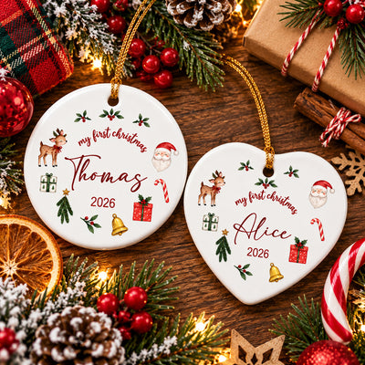 Personalized First Christmas Ceramic Ornament round and heart shapes on wood with pine, berries and candy cane