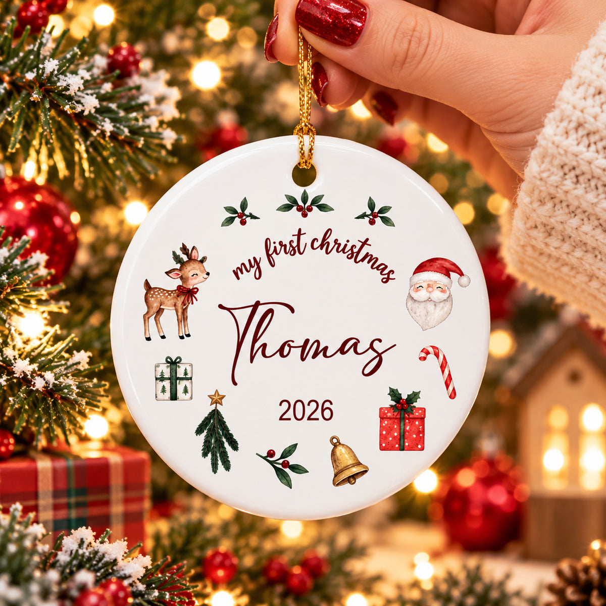 Personalized First Christmas Ceramic Ornament round, held by a hand in front of a lit tree and small house