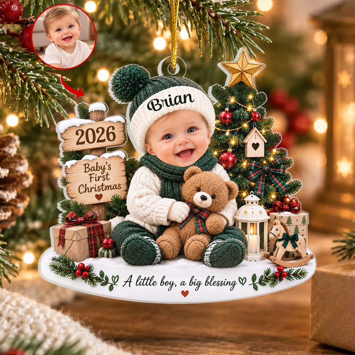A Little Baby A Big Blessing - Personalized Acrylic Ornament, Gift For Baby, First Christmas Ornament With Custom Baby's Photo &amp; Name