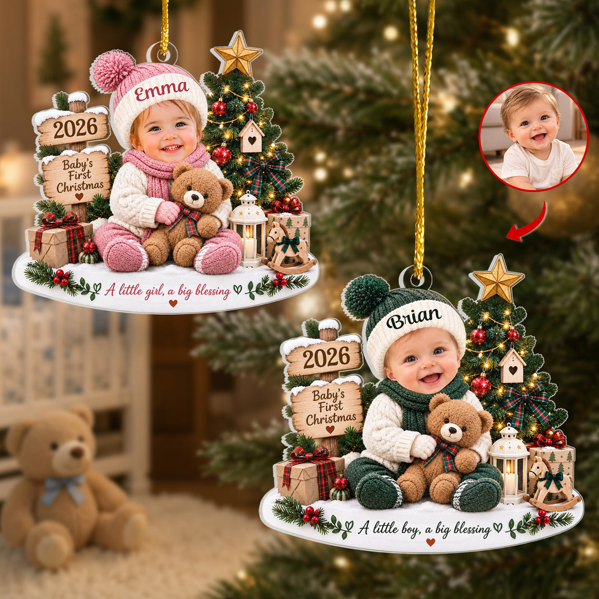 A Little Baby A Big Blessing - Personalized Acrylic Ornament, Gift For Baby, First Christmas Ornament With Custom Baby's Photo &amp; Name