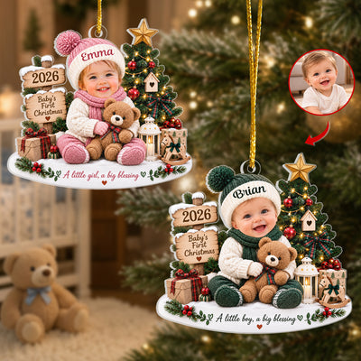 A Little Baby A Big Blessing - Personalized Acrylic Ornament, Gift For Baby, First Christmas Ornament With Custom Baby's Photo & Name