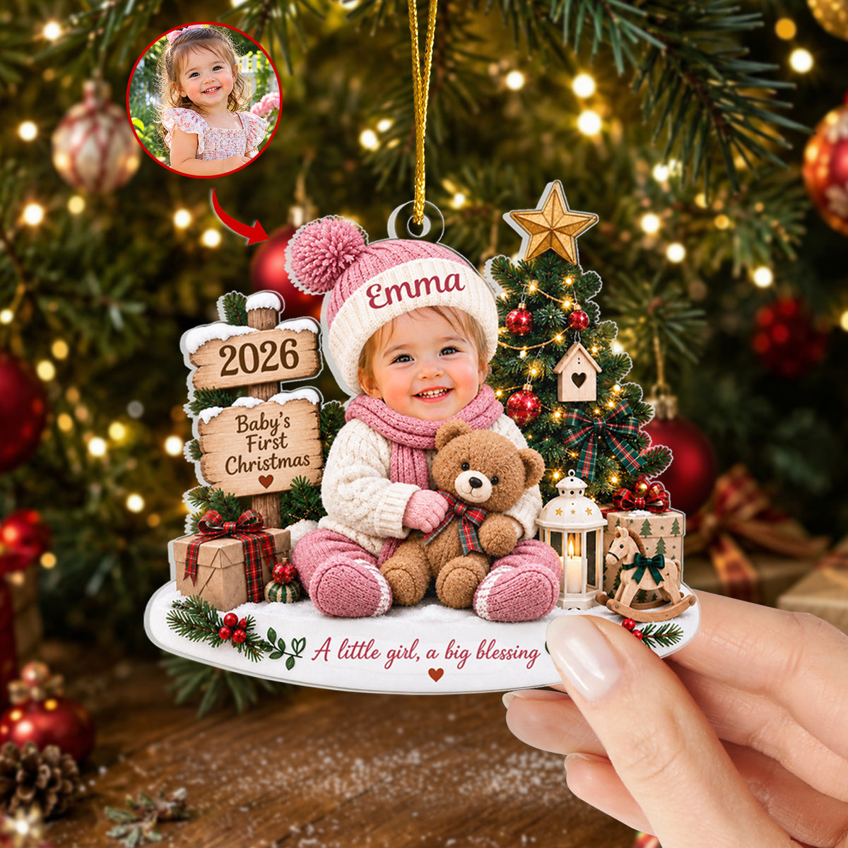 A Little Baby A Big Blessing - Personalized Acrylic Ornament, Gift For Baby, First Christmas Ornament With Custom Baby's Photo &amp; Name