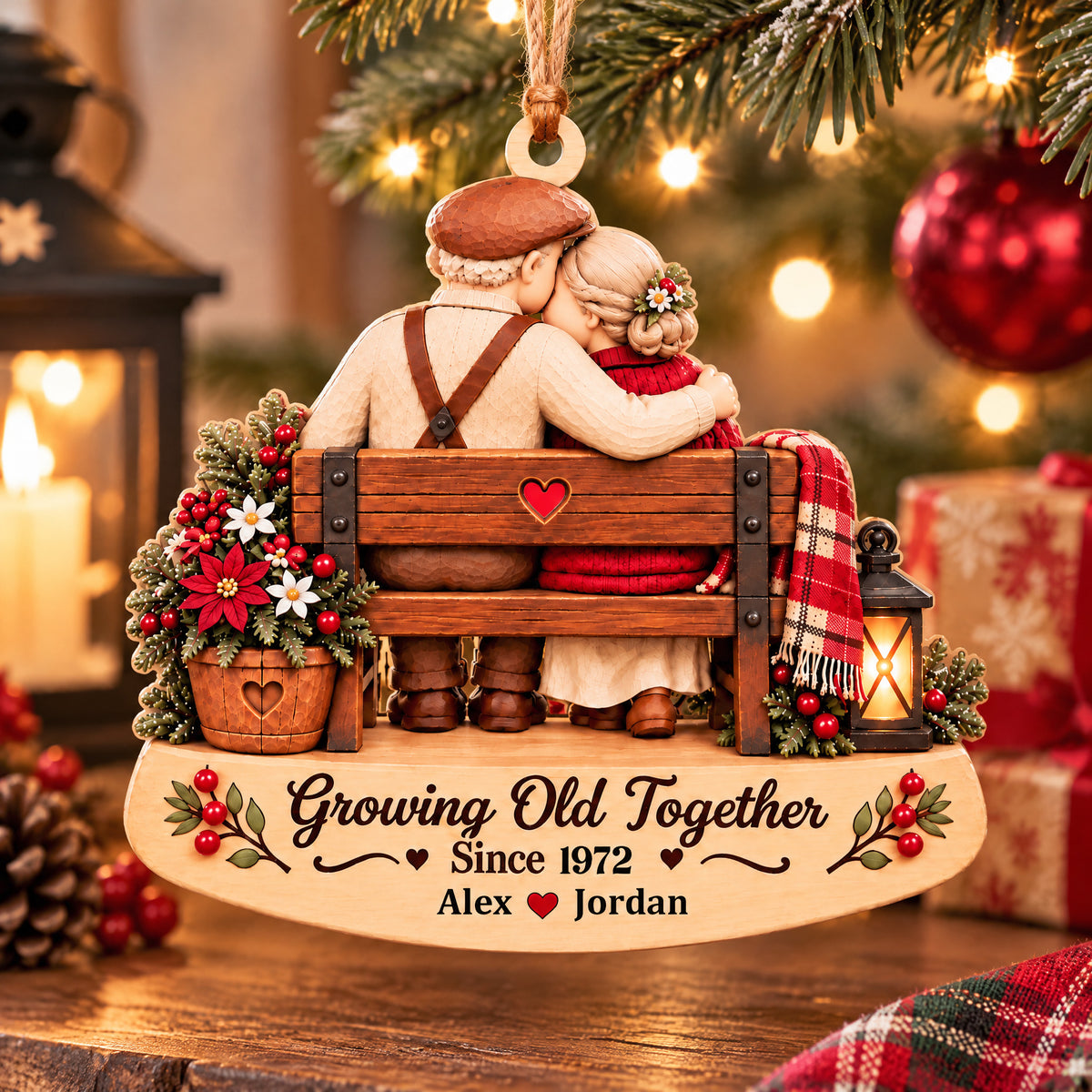 Personalized wooden ornament Growing Old Together on a wooden table with a lantern, pinecone and wrapped gift