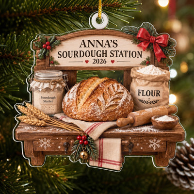Sourdough Station Christmas 2026 - Personalized Acrylic Ornament, Custom Name Bread Baker Starter Keepsake, Baking Lover Gift Tree Decoration