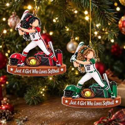 Just A Girl Who Loves Softball - Personalized Acrylic Ornament, Custom Name Player Christmas Gift