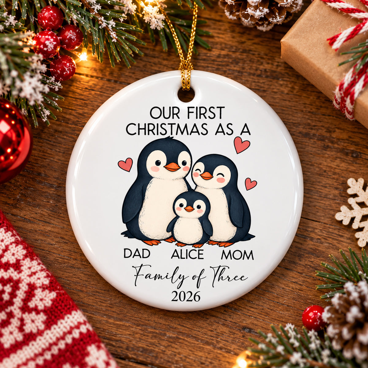 Personalized Ceramic Family Ornament lying on a wooden table with pine branches, a wrapped gift and a knit cloth