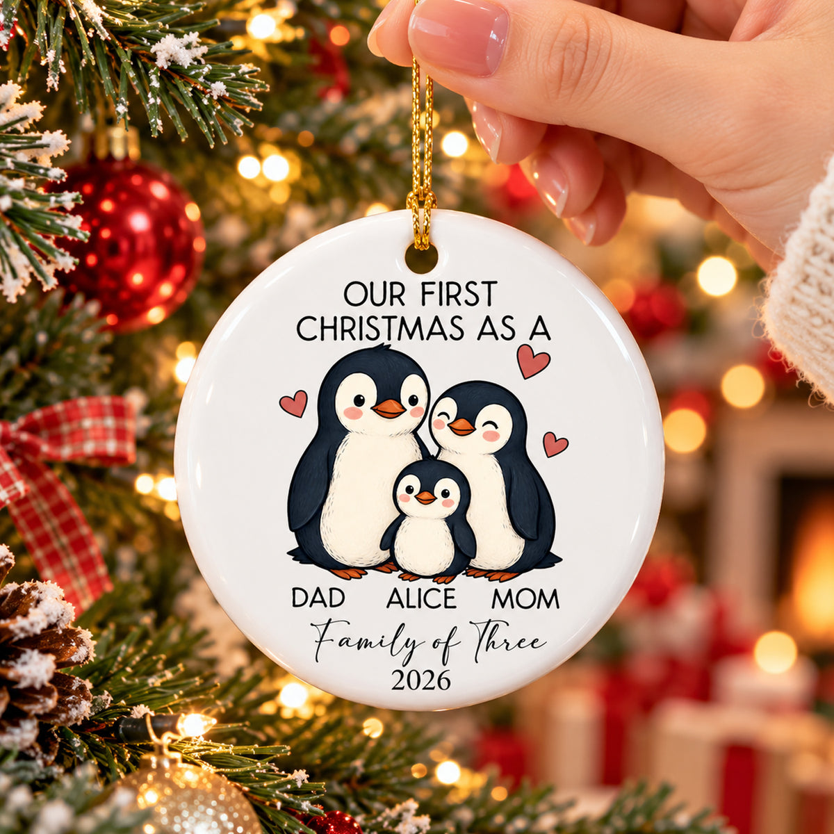 Personalized Ceramic Family Ornament held by a hand on a gold cord in front of a lit tree and a fireplace
