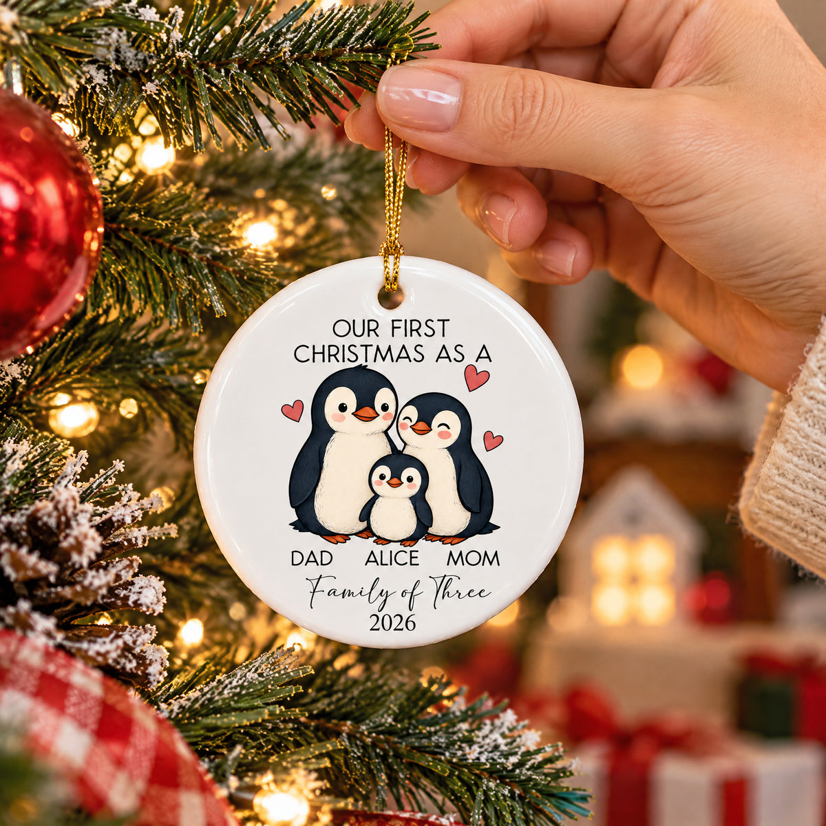 Personalized Ceramic Family Ornament held by a hand, close view with tree lights and a small lit house behind