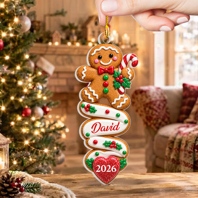 Custom Name & Year, Cute Candy Cane Cookie Holiday Tree Decoration, Personalized Gingerbread Man Christmas Acrylic Ornament
