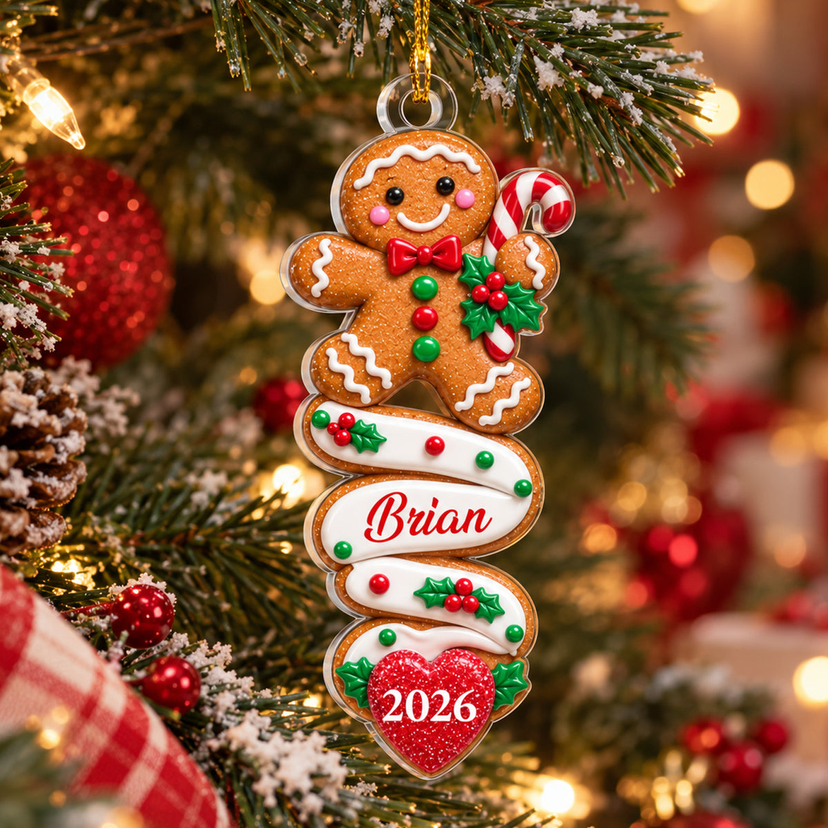 Custom Name &amp; Year, Cute Candy Cane Cookie Holiday Tree Decoration, Personalized Gingerbread Man Christmas Acrylic Ornament