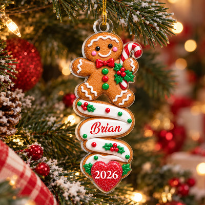 Custom Name & Year, Cute Candy Cane Cookie Holiday Tree Decoration, Personalized Gingerbread Man Christmas Acrylic Ornament